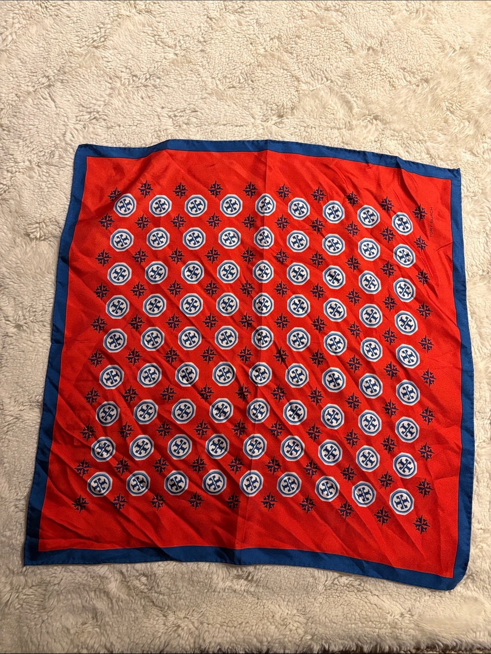 Tory Burch Red Square Scarf with Blue Border